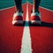 Runner foot standing on a running track getting ready to exercise.