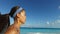 Runner Girl Jogging On Beach Against Blue Sky - Female Runner Workout