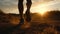 A runner runs on a rural road at sunset, legs in sneakers close-up. AI generative