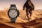 The runner runs to a giant watch in the desert. Race against time, Generative AI