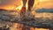 A runner\\\'s sneakers hitting the ground, kicking up sparks of light in a magical, early morning setting