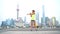 Runner stretching legs after running workout in Shanghai China