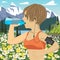 Runner woman with smartphone armband drinking bottled mineral water jogging in mountains