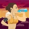 Runner woman with smartphone armband drinking bottled mineral water jogging at sunset in park