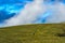 Runners with dog crossing a vast pasture