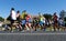 Runners during palma half marathon passing next to palma cathedral low speed