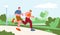 Runners in park. Male and female jogging morning outdoor. Running cartoon characters, healthy lifestyle. Young couple