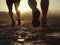 Runners runs on a dirt road at sunset, legs in sneakers close-up. AI generative