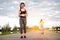 Runners - two women running outdoors training. Exercising female