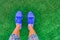 Runnin shoes POV standing selfie girl going walking doing outdoor exercise on grass for weight loss. Summer fitness lifestyle