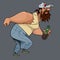 Running away cartoon shaggy bearded man with bottle in hand