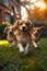 Running beagle dogs run on the green grass in summer