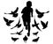 Running boy chases birds pigeons, black silhouette. Carefree childhood. Vector illustration