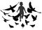 Running boy chases birds pigeons, black silhouette. Carefree childhood. Vector illustration