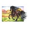 Running brown horse against the backdrop of an autumn landscape. Hand watercolor. For printing, stickers and labels.