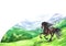 Running brown horse in the background of a mountain landscape. Hand watercolor. For printing, stickers and labels.