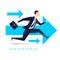 Running business man with arrows on background, be the first business concept