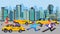 Running business people men, woman late for work rushing to catch taxi car vector illustration.
