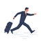 Running businessman with a travel suitcase. Airport late arrival template for vacation