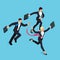 Running businessmen on blue background.