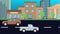 Running cars on the road in the the city, flat cartoon animation