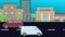 Running cars on the road in the the city, flat cartoon animation