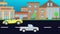 Running cars on the road in the the city, flat cartoon animation