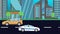 Running cars on the road in the the city, flat cartoon animation