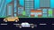 Running cars on the road in the the city, flat cartoon animation