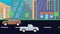 Running cars on the road in the the city, flat cartoon animation