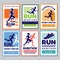 Running club poster. Marathon winners sportsmen athletes fitness for healthy people vector placard collection