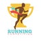 Running competition man on background of golden reward cup logotype