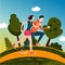 Running couple. People run in a park. Man and woman on work out. Cartoon style illustration. Outdoor active sport.