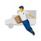 Running delivery man in blue uniform holding carton box