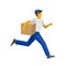 Running delivery man in blue uniform holding carton box