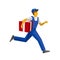 Running delivery man in blue uniform holding red gift box
