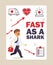 Running doctor first aid, vector illustration. Poster with ambulance icons and place for text. Cartoon character male