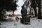 Running with dogs for endurance and long distance competitions. January 24, 2023 Moscow Russia. Musher man on sled with