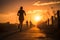 Running enthusiasts silhouette against the backdrop of a radiant sunrise