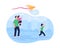 Running flying kite with children 2D vector web banner, poster