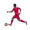 Running football player in red jersey with ball, isolated vector