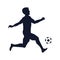 Running footballer with ball black silhouette, isolated