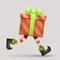 Running gift box christmas elf legs santa claus new year 3d cartoon character design vector illustration