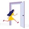 Running girl dressed in yellow dress with blue hair run in open door. Solution of problems, search for exit metaphor