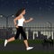Running girl with headphones in sportswear on the background of the city at night. In the background, there are street lights