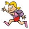 Running girl with satchel, vector funny illustration