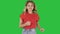 Running girl wearing red t-shirt and jeans Smiling on a Green Screen, Chroma Key.