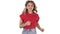 Running girl wearing red t-shirt and jeans Smiling on white background.