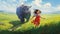 Running Through A Grassy Field With A Bull - A Dreamy And Cute Artwork