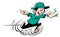 Running happy boy with green hat and t-shirt and blue trousers cartoon character speedy courier